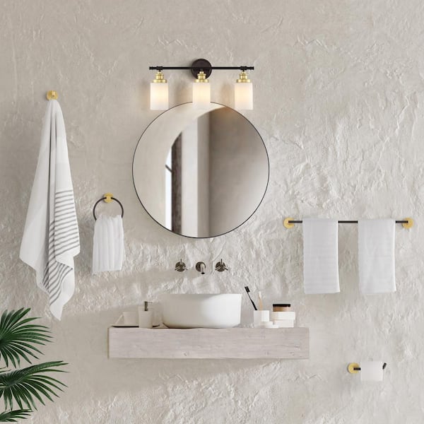 Egan 23.25 in. 3-Light Vanity Light with GlassShades and Bathroom Hardware Set Oil Rubbed Bronze/Gold Painting (5-Piece)