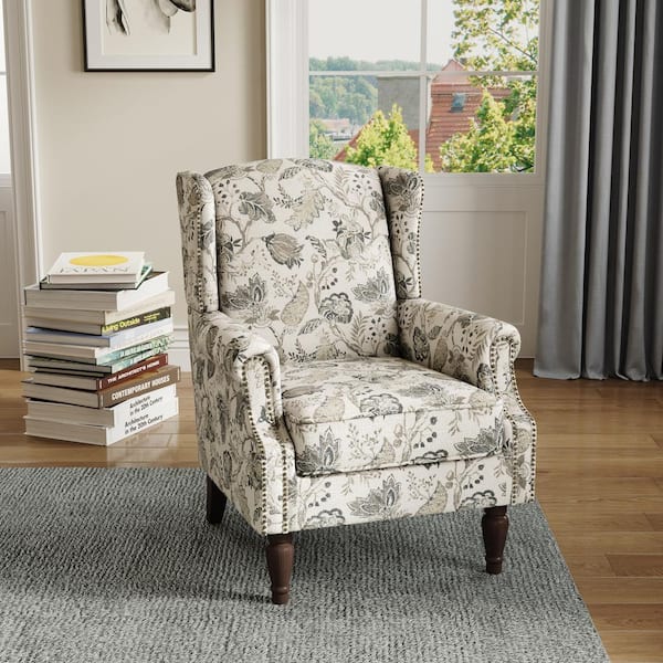 Uixe Retro Plants Beige Linen Nailhead Trim Upholstered High Back Accent Arm Chair with Wood Legs(Set of 1)