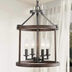 Cordelia 4-Light Dark Wood Grain Candlestick Chandelier with Cage Shade and Rusty Black Candlestick Lights