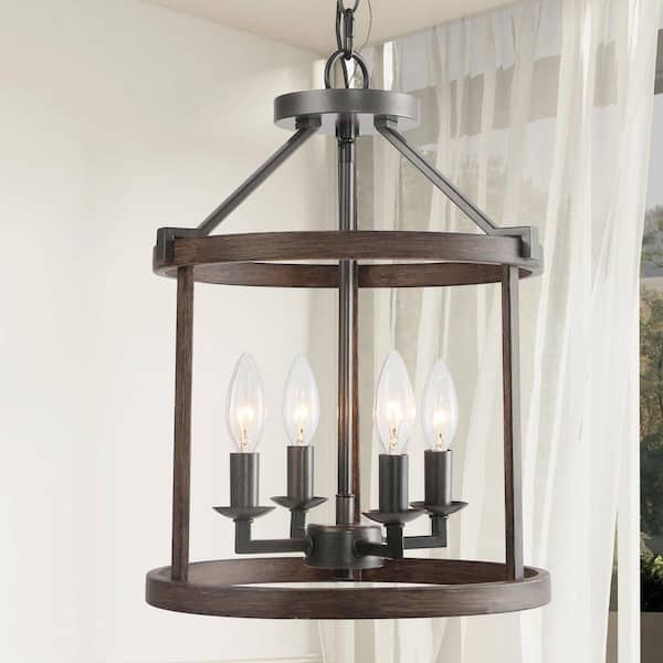 LNC Cordelia 4-Light Dark Wood Grain Candlestick Chandelier with Cage Shade and Rusty Black Candlestick Lights