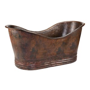 67 in. x 32 in. Hammered Copper Double Slipper Soaking Bathtub and Center 2 in. Drain Package in Oil Rubbed Bronze