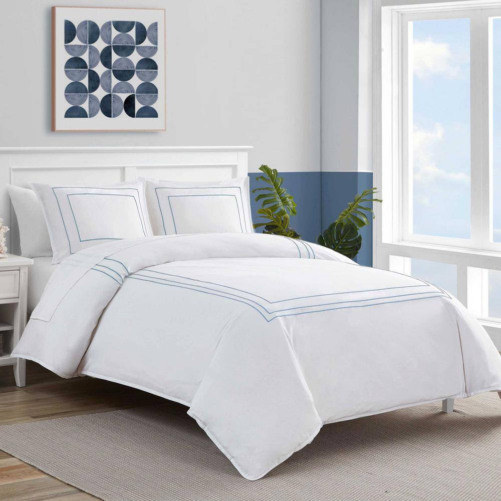 White Cotton Queen Duvet Cover Set with Blue Embroidery