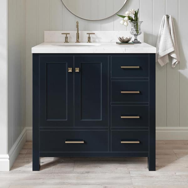 ARIEL Cambridge 36 in. W x 22 in. D x 36 in H Single Oval Sink Bath Vanity in Midnight Blue with Carrara White Quartz Top