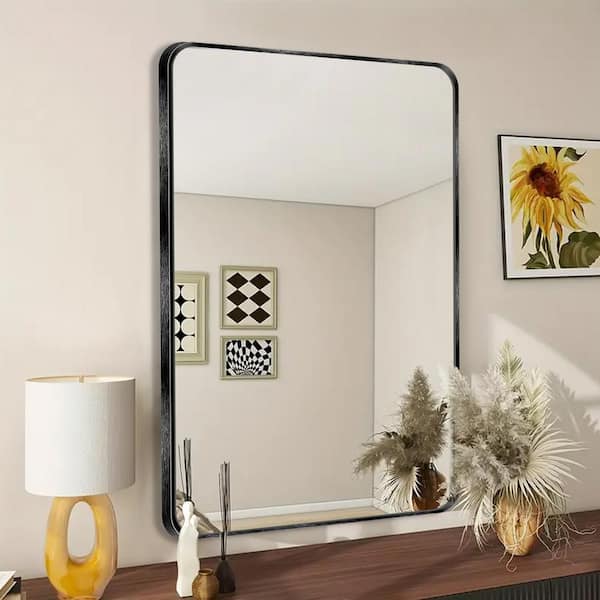 20 in. W x 30 in. H Modern Rectangular Aluminum Alloy Black Rounded Corner Wall Mirror/Decorative Mirror