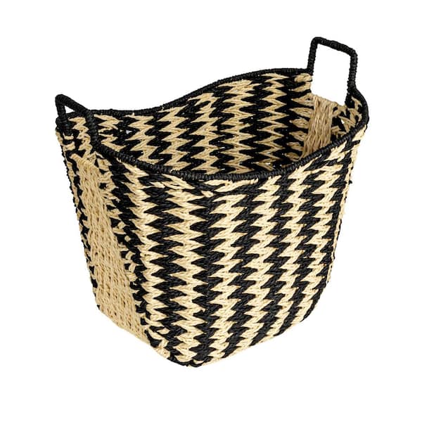 Zigzag Woven Paper Rope Decorative Basket, Black and Natural