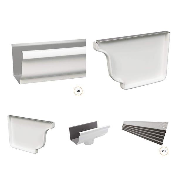 5 in. x 10 ft. White Aluminum Gutter Combo with End Caps, Drop Outlet, and Gutter Guard
