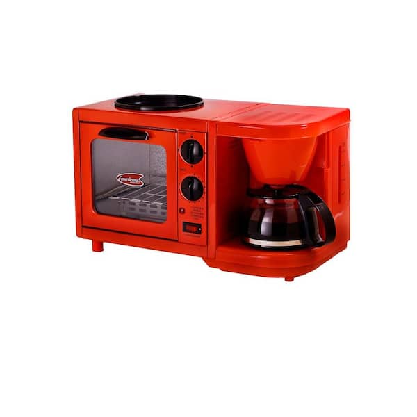 Elite Americana 4-Cup 3-in-1 Red Drip Coffee Maker with Toaster Oven