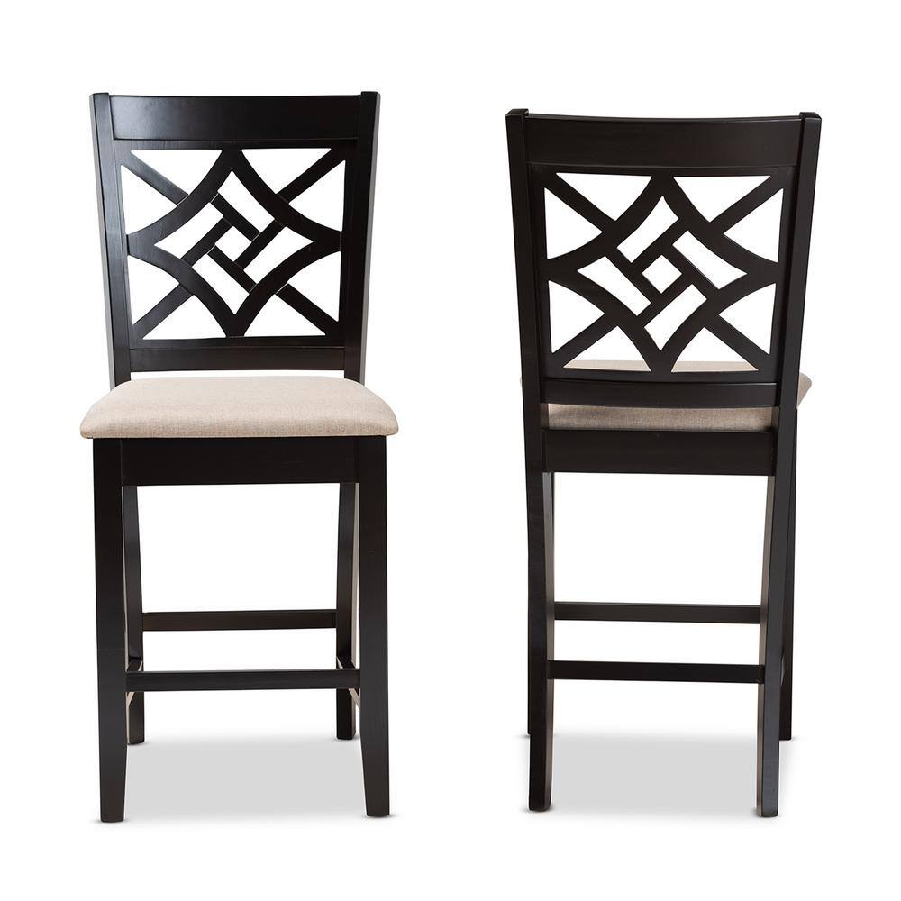 Nicolette Sand and Dark Brown Wood Counter Stool Set with Intricate Backrest Design