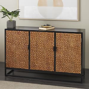 Brown Wood 52 in. x 32 in. Handmade Carved Pebbled 3 Door Sideboard with Black Metal Frame