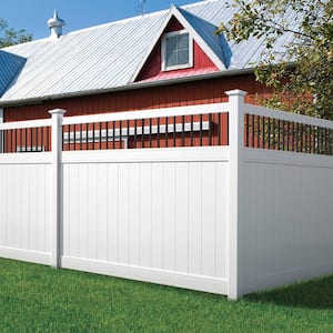 Pro Series 5 in. x 5 in. x 8 ft. White Vinyl Woodbridge Closed Picket Top Routed Corner Fence Post
