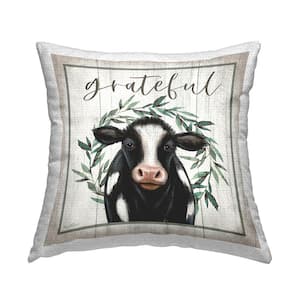 Grateful Phrase Rustic Cow Beige Square Outdoor Throw Pillow