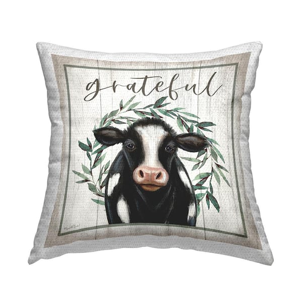 Stupell Industries Grateful Phrase Rustic Cow Beige Square Outdoor Throw Pillow