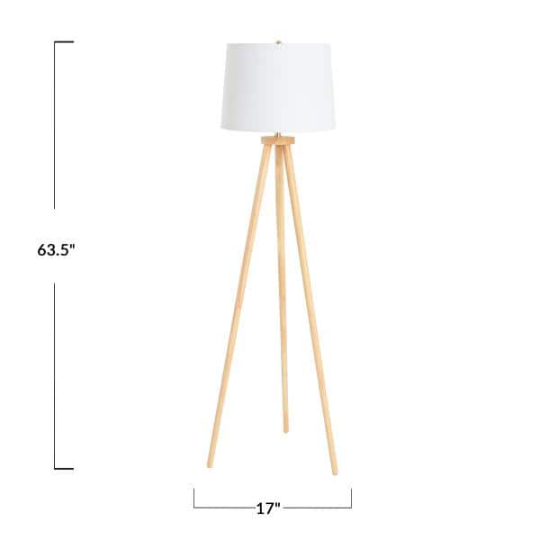 Natural Wood Tripod Floor Lamp with White Linen Shade