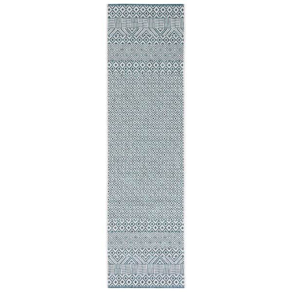 Courtyard 2 ft. x 8 ft. Ivory/Aqua Geometric Indoor/Outdoor Runner Rug