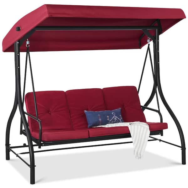 Best Choice Products 3-Person Metal Patio Swing with Burgundy Red Cushion