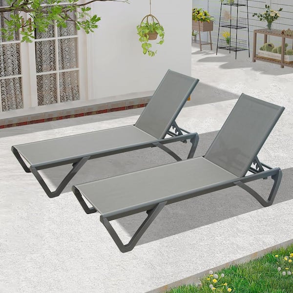 2-Piece Gray Aluminum Metal Outdoor Chaise Lounge with Five-Position ...