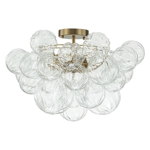 Neuvy 20.9 in. W 3-Light Brush Gold Semi-Flush Mount Brass Close to Ceiling Light with Cluster Ribbed Glass for Entry