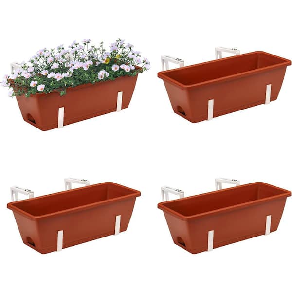Oumilen Plastic Flowerpots for Balustrades Country Style Window Planter Holder with Removable Hooks, White and Red (4-Pieces)