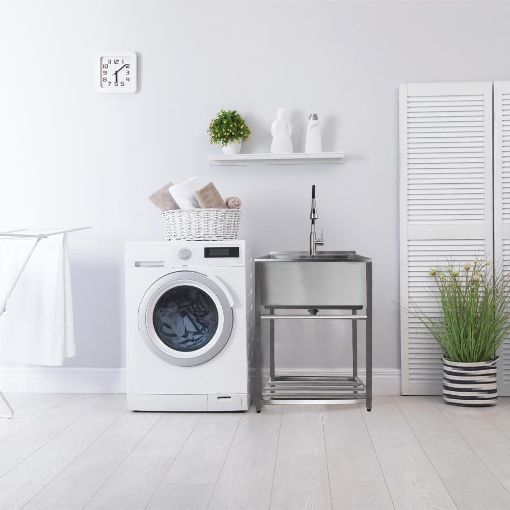 Brushed Satin Stainless Steel Farmhouse Laundry Sink with Wash Stand