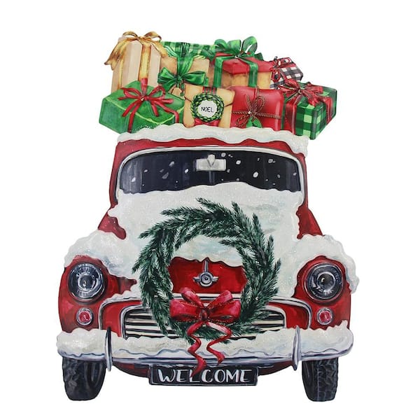 23.5 in. Red Steel Battery Operated Floor Standing Pre-Lit Christmas Truck Sign with LED Lights