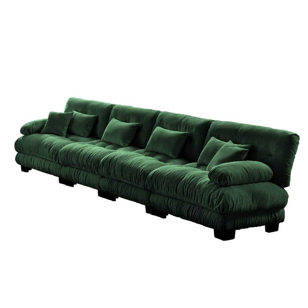 Chenille Green 4-Seater Modular Sectional Sofa with Round Bolster Armrests 4-piece Chenille Deep Seat Sectional Sofa