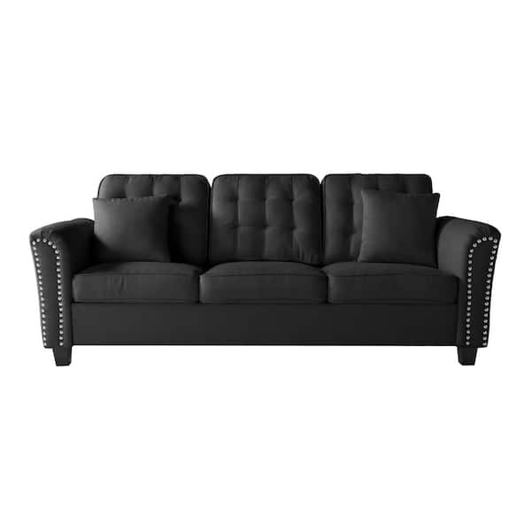 Unbranded 87 in. W Modern Flared Arm Rectangle Polyester Straight Reclining 3-Seats Sofa in Black