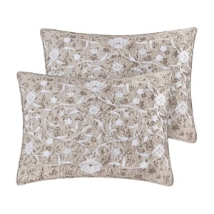 Kendall Vine Leaf Embroidery Taupe Neutral 3-Piece All-Season Reversible Soft Microfiber Quilt Set - King