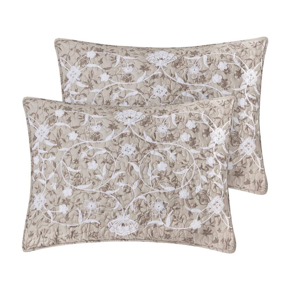 White and Tan Floral Vine Reversible Microfiber Twin Quilt Set