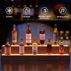37.4 in. Wood LED Lighted 2-Tier Wine Glass Rack Bar Display Shelf with App and Remote Control, Walnut