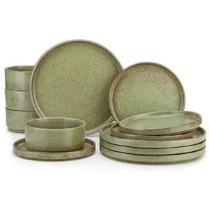 12-Piece Green Stoneware Dinnerware Set Service for 4 Black Textured Double-sided Matte Plates and Bowls Set Tableware