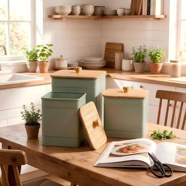 Kitchen Canister Set of 3 for Countertop, Iron Canisters with Airtight Lids, Chalkboard Labels & Marker Included
