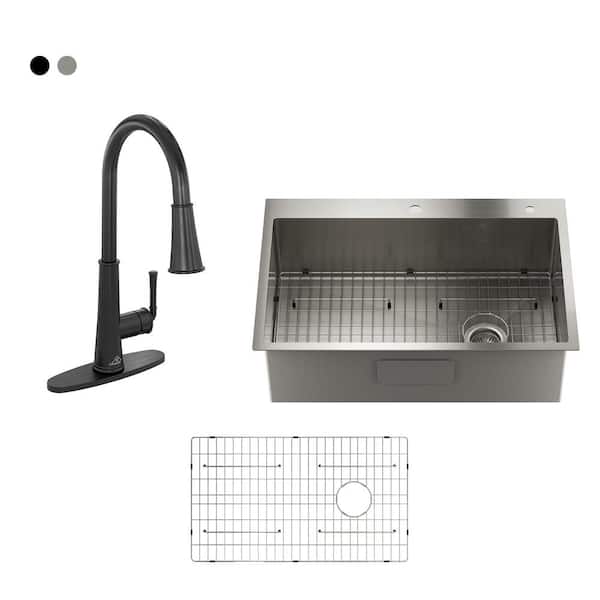 Stainless Steel 33 in. Single Bowl Drop-In Kitchen Sink with Matte Black LED and Infrared Sensor Pull Down Faucet