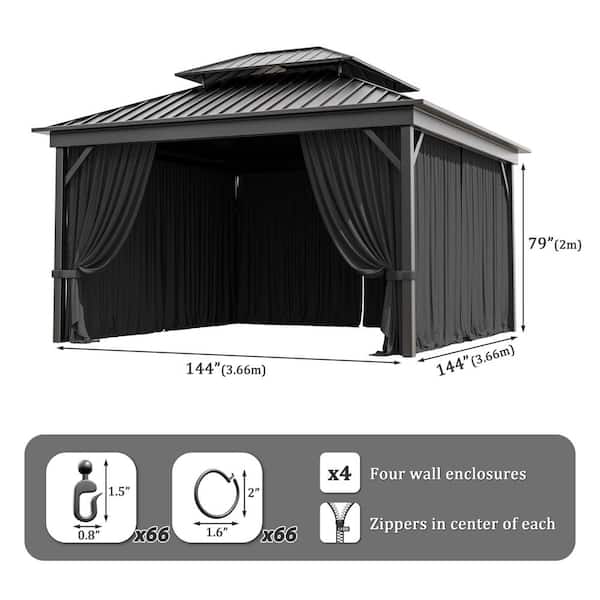 12 ft. x 12 ft. Universal Outdoor Privacy Curtains, Gazebo Replacement with Zipper Black (4-Side Curtain Only)