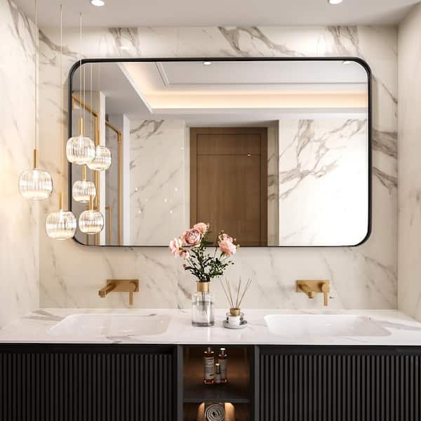 HOMEIBRO 48 in. W x 30 in. H Tempered Glass Rectangular Framed Wall-Mounted Bathroom Vanity Mirror in Black