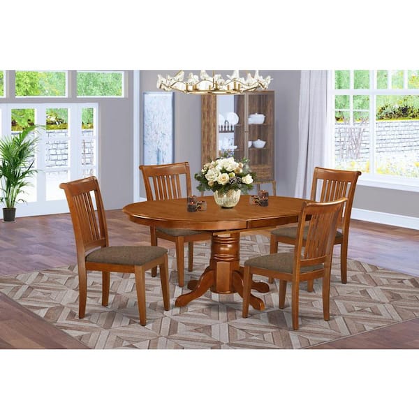 East West Furniture 5-Piece Oval Saddle Brown Finish Solid Wood Top Dining table with 4 Chairs with Lattice Back