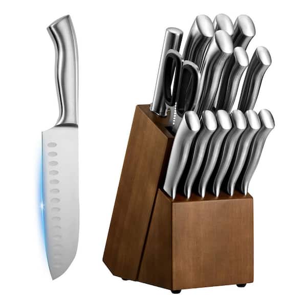 Kitchen Knife Set with Block and Sharpener Ergonomic Handle Sharpening Rod Block 15 Piece 2025 Update Stainless Steel