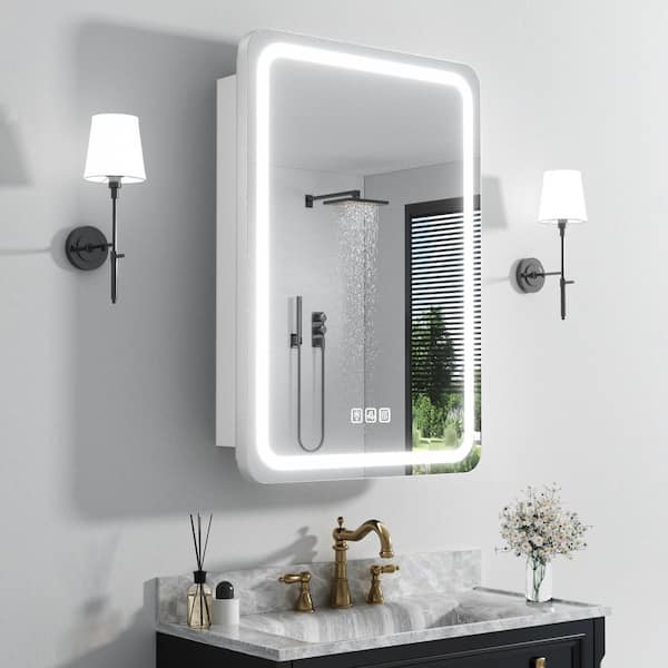 20 in. W x 28 in. H Silver Rectangular 3-Color Dynamic Flow Lighting Surface/Recessed Medicine Cabinet with Mirror