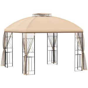 10 ft. x 10 ft. Beige Metal Gazebo Canopy Shelter with Corner Shelves, Double Roof, Netting for Garden, Lawn and Deck