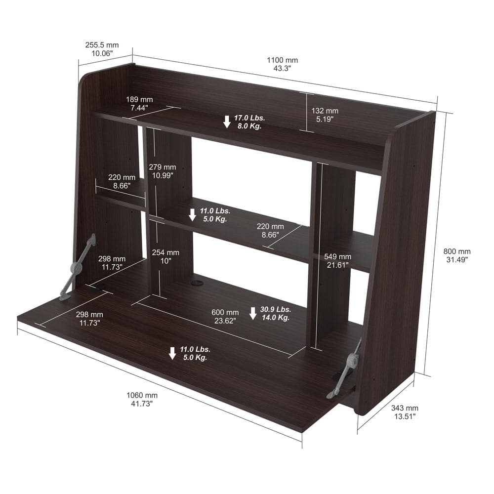 Espresso Foldable Wall Desk with Storage Shelves