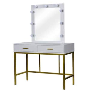 White Mirrored 9 Bulbs Lighted Steel Frame Makeup Vanity Table with 2-Drawers 57.09 in. H x 39.37 in. W x 17.72 in. D