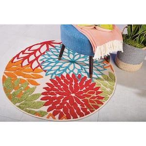 Aloha Green 4 ft. x 4 ft. Round Floral Modern Indoor/Outdoor Patio Area Rug