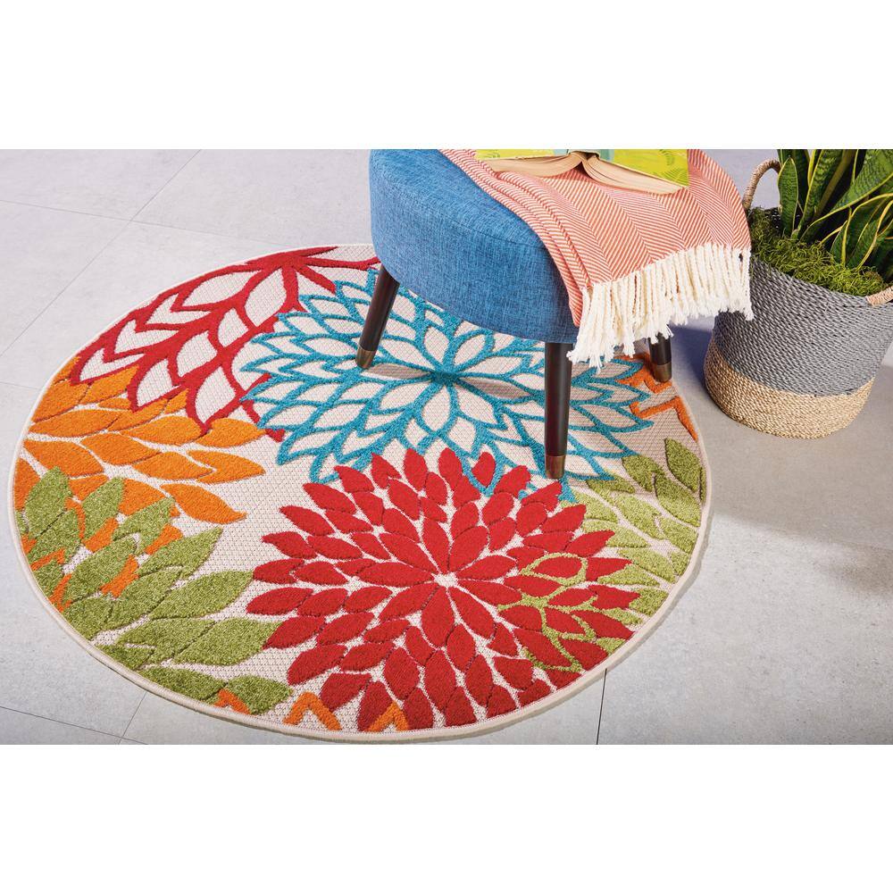 Green Floral Round Synthetic Flat Woven Area Rug
