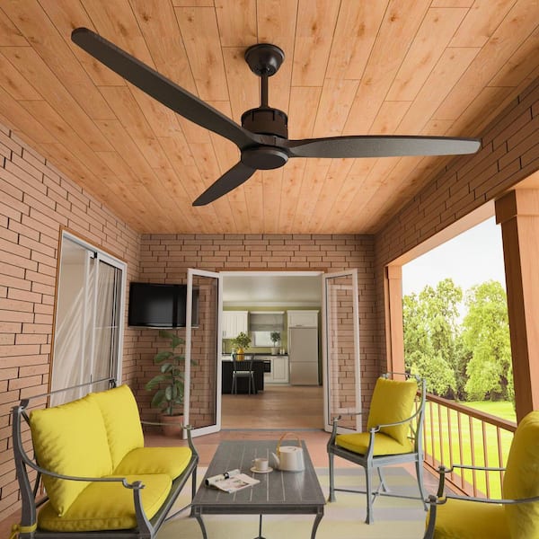 FUFU&GAGA Indoor/Outdoor Use 60 in. Black 3 Wooden Blade Propeller Ceiling Fan with Remote Control, DC Motor, 6-Speed Adjustable