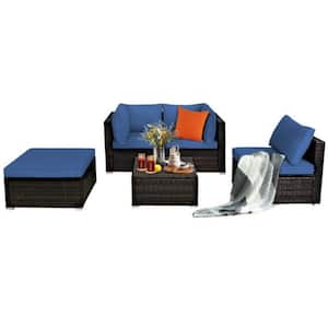 5-Piece Wicker Patio Conversation Set Sectional Rattan Furniture Set with Navy Cushions and Ottoman Table