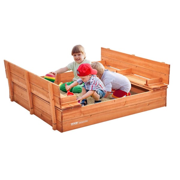 VEVOR Wooden Sandbox, 4 ft. W x 4 ft. L Wooden Square Sandbox, with Foldable Bench Seats and Bottom Liner