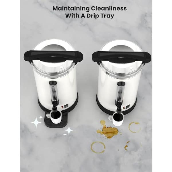 Garvee 80 Cup White Stainless Steel Electric Coffee Urn and Hot Water Dispenser with Water Collecting Tray