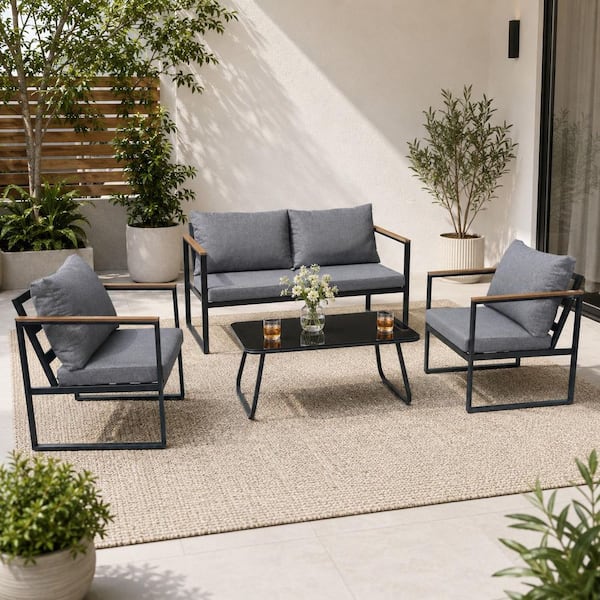 Modern 4-Piece Patio Conversation Set w/ Grey Cushions and Glass Coffee Table for Balcony,Porch and Small Outdoor Spaces