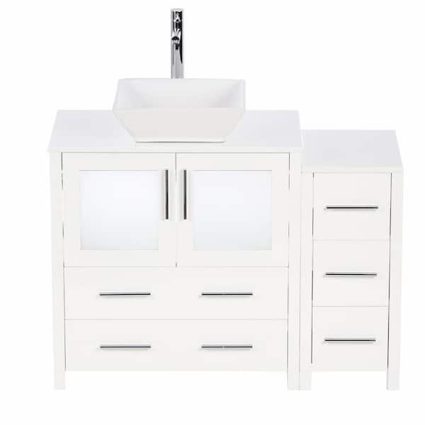 Torino 42 in. Vanity in White with Glass Stone Vanity Top in White with White Basin and Mirror (Faucet Not Included)