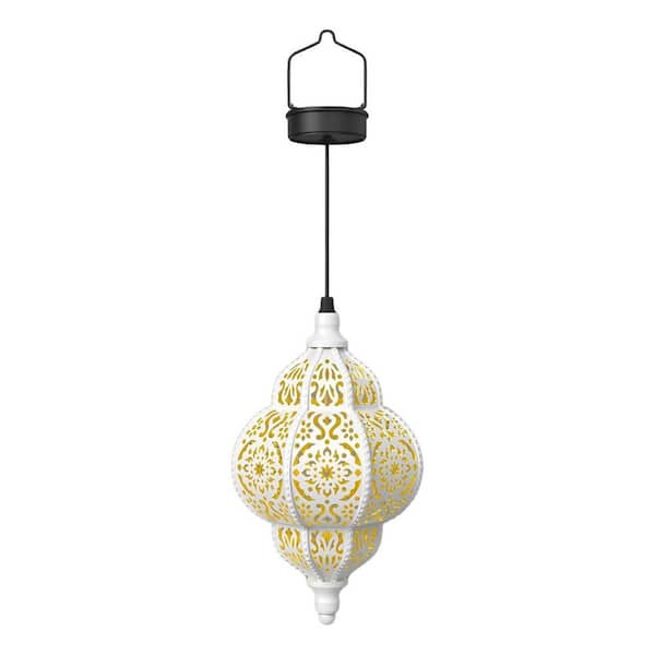 Moroccan Style Hanging Solar Torches Lights, Outdoor Waterproof Plastic Lantern for Patio Pathway Yard Backyard in White