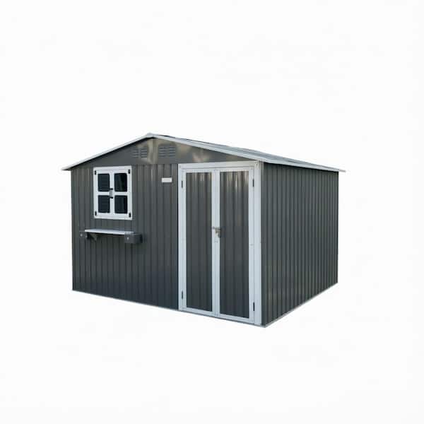 10 ft. x 8 ft. Gray Outdoor Metal Storage Shed, Lockable Double Tool Shed with Window & Flower Rack for Backyard, Patio